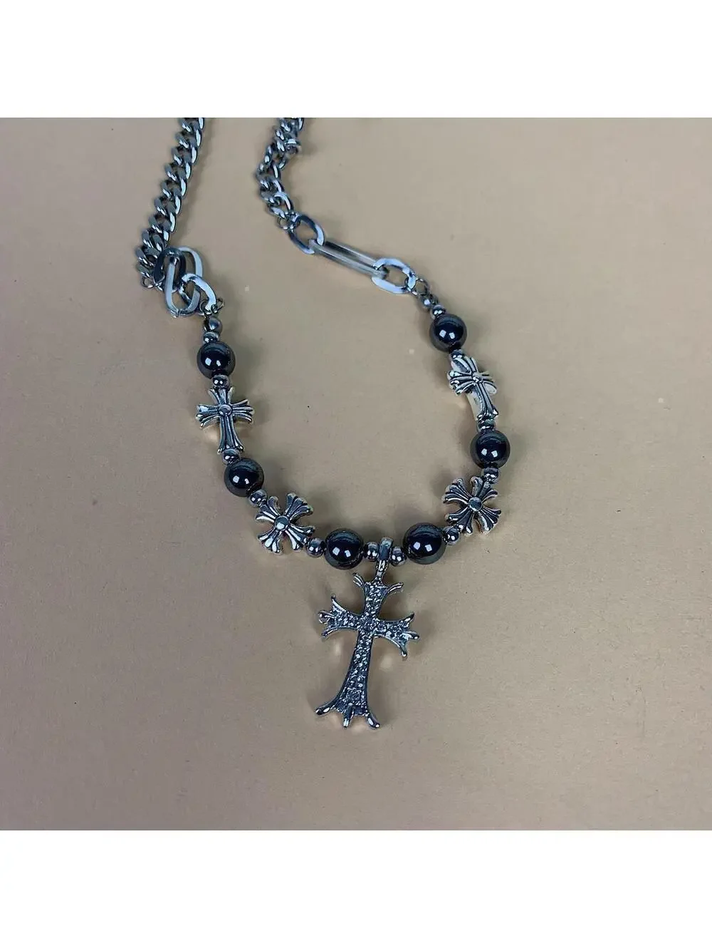 y2k 2000s style grunge chrome pearl rhinestone silver cross pendant Cuban link